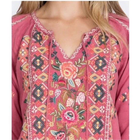 Johnny Was Chandra Pink Linen Peasant Top Blouse XS Embroidered Boho Cottage - Picture 4 of 13